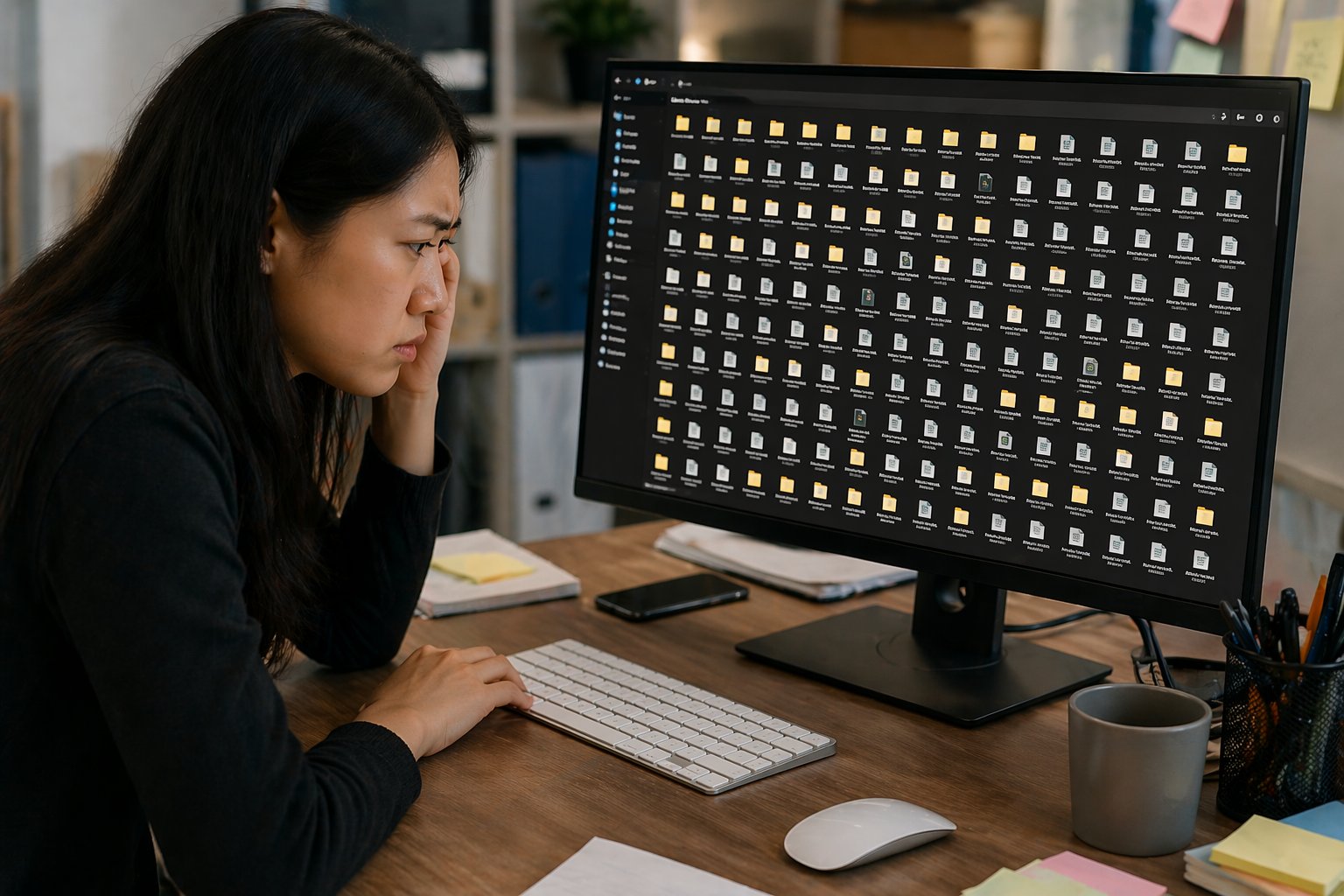 Person overwhelmed searching through hundreds of disorganized files on a computer